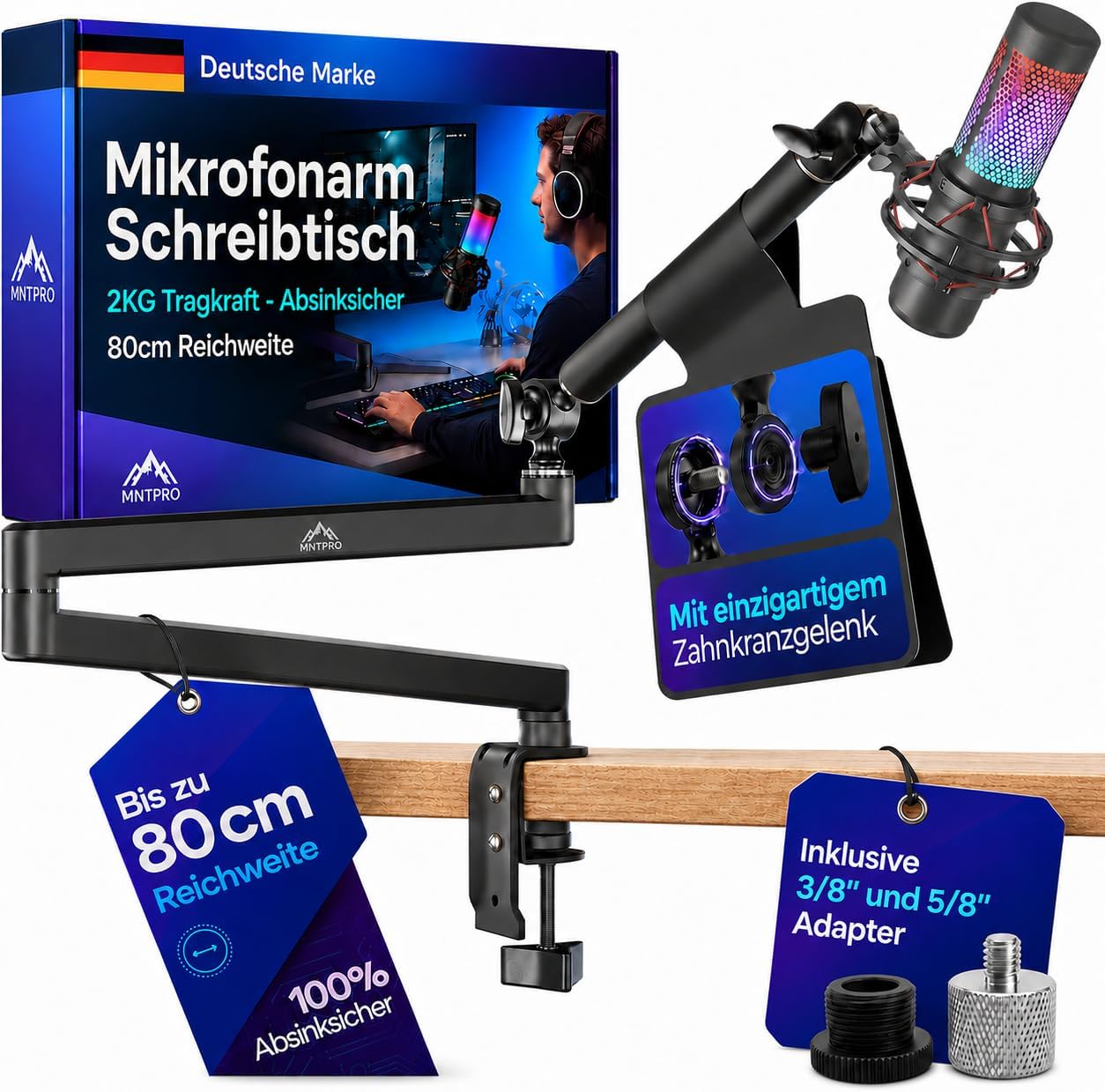 MNTPRO Mikrofonarm montiert an einem Schreibtisch