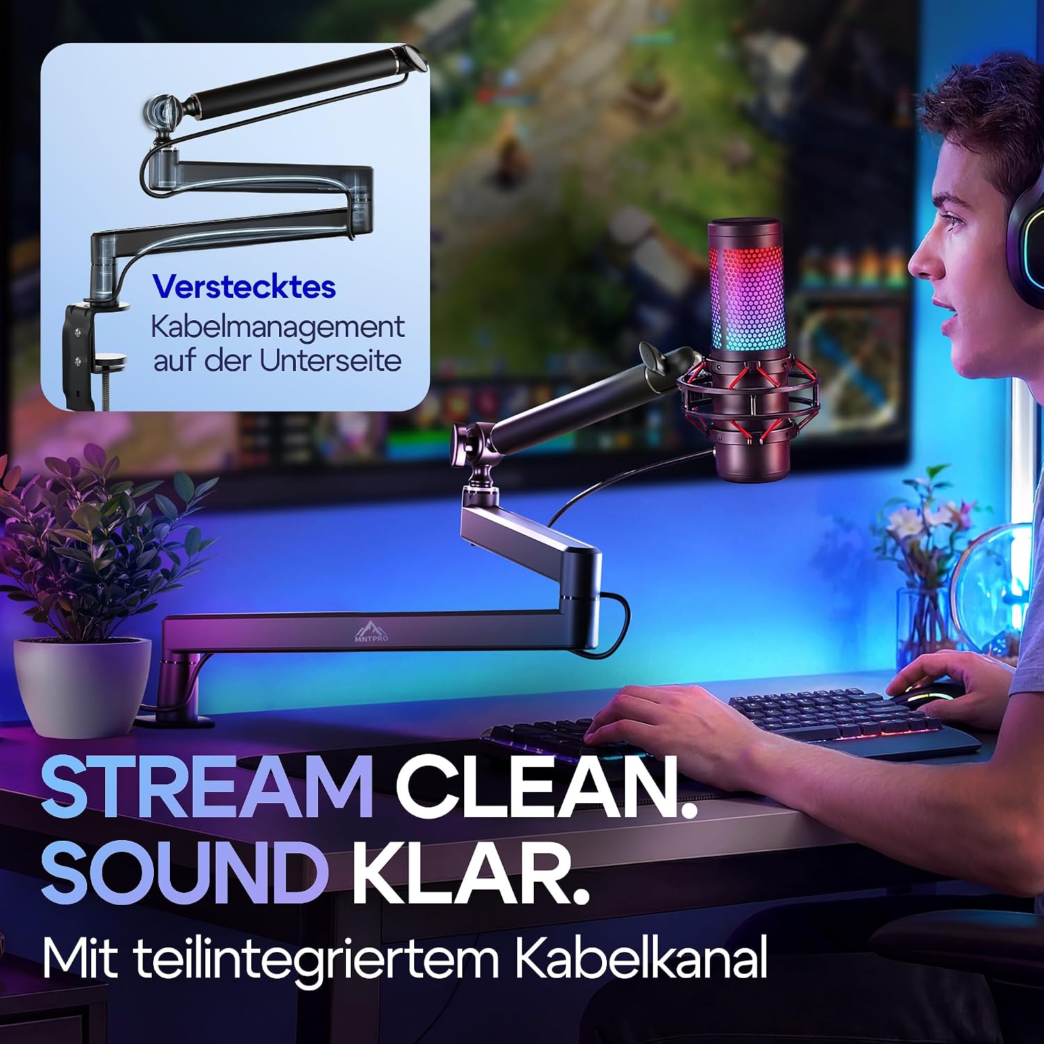 Nahaufnahme der Unterseite des Mikrofonarms mit integrierter Kabelführung